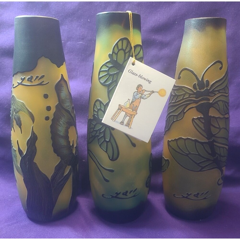 Set Of 3 Galle Style Cameo Vases Art Noveau Butterfly Fish Dragonfly 7.75" Tall